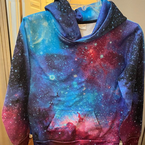 FUNNYCOKID PURPLE, RED & BLUE SPACE KIDS HOODIE SIZE XXL - Picture 1 of 2
